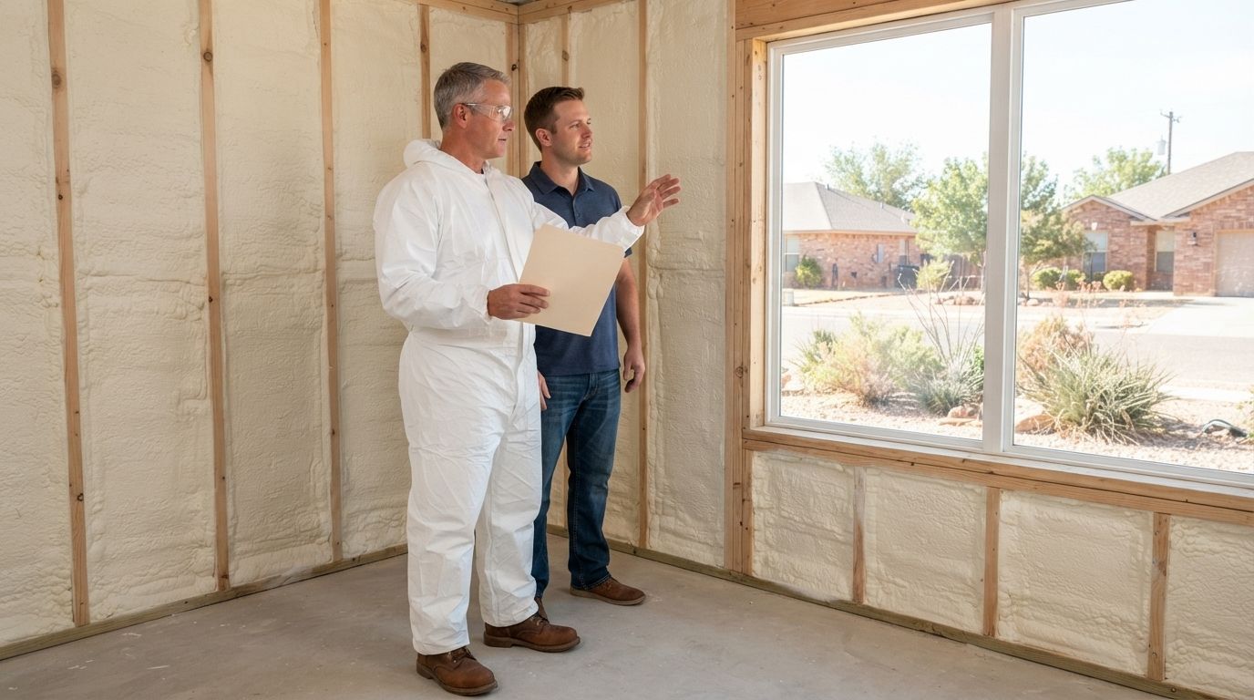 Insulation technician explaining completed spray foam installation and inspection results to a homeowner in Midland, Texas.