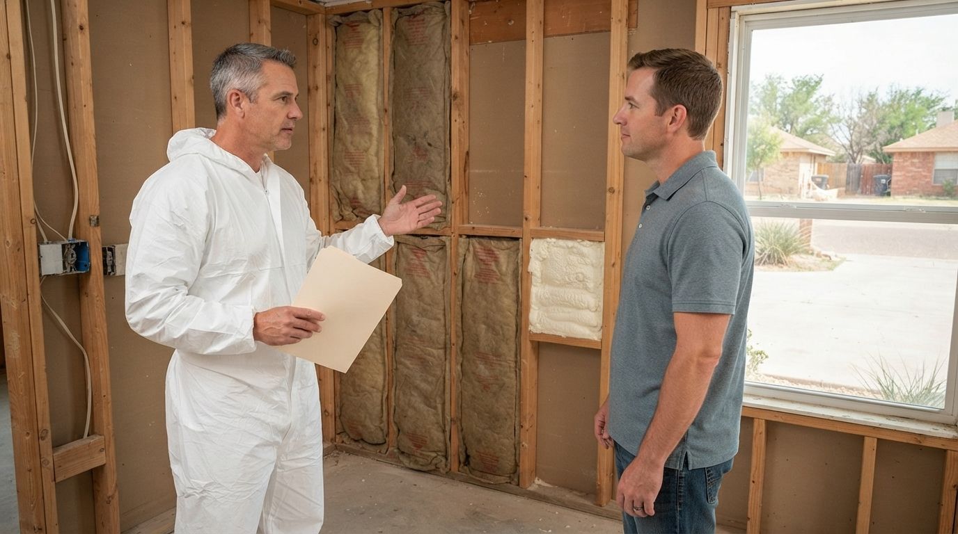 Insulation technician discussing practical and affordable wall insulation options with a homeowner in Midland, Texas.