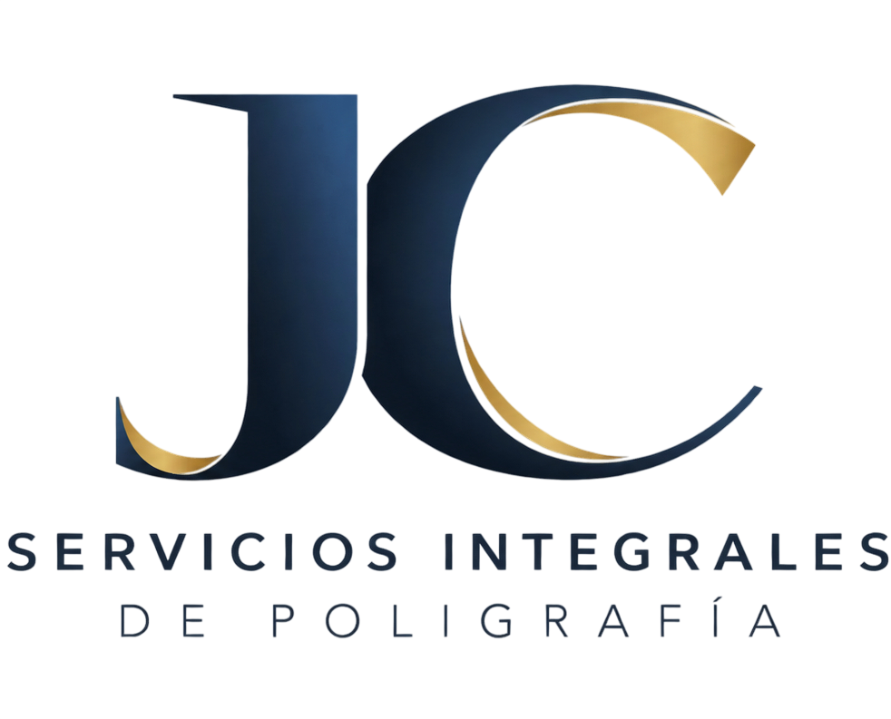 Logo de JC Servicios Integrales de Poligrafía en azul y dorado sobre fondo blanco