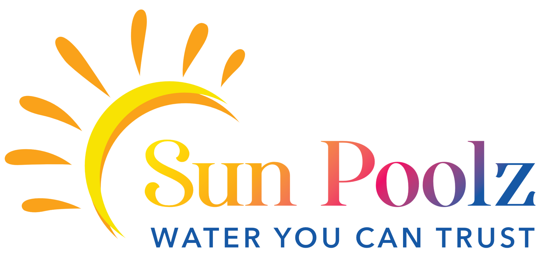 A logo with a yellow sun icon and the colorful text "Sun Poolz" above the slogan "WATER YOU CAN TRUST."