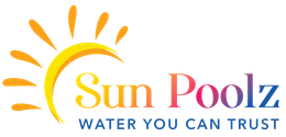 A logo with a yellow sun icon and the colorful text "Sun Poolz" above the slogan "WATER YOU CAN TRUST."