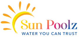 A logo with a yellow sun icon and the colorful text "Sun Poolz" above the slogan "WATER YOU CAN TRUST."