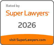 Rated by Super Lawyers 2026 badge with orange and gray text and orange footer