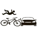 Cyclist and car collision icon, with person thrown from bike after impact