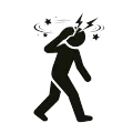 Black stick figure clutching head with lightning bolts and stars, showing dizziness or head pain.