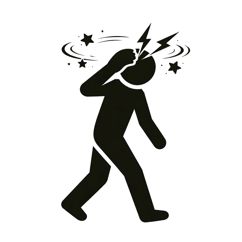 Black stick figure clutching head with stars and lightning, showing dizziness or pain