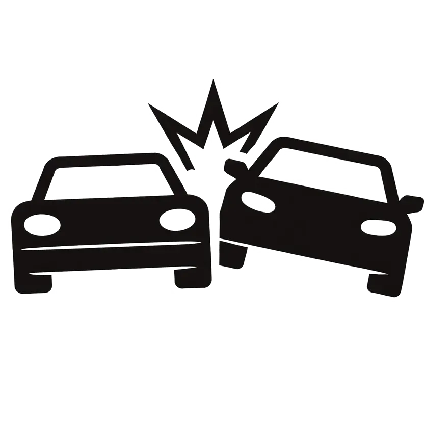 Two cars colliding head-on, with impact burst symbol between them