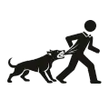 Black dog biting a walking person’s leg, silhouette icon on white background