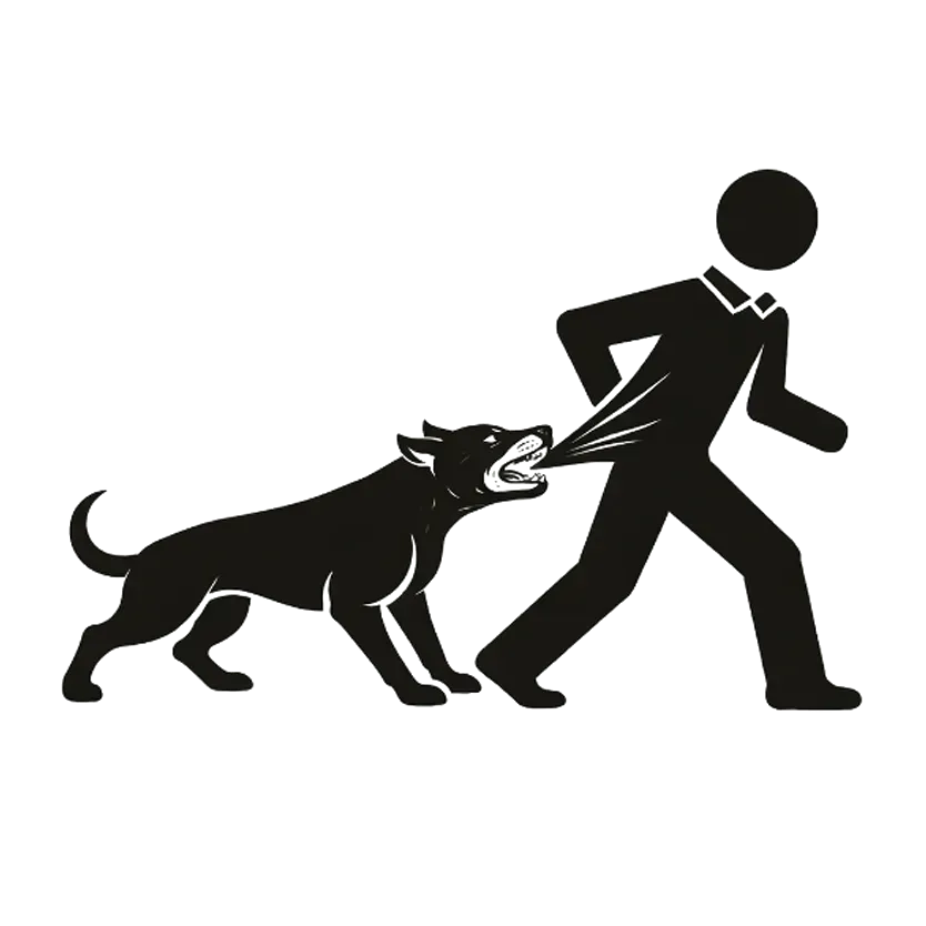 Black dog biting a person’s leg as they walk, black silhouette on white background