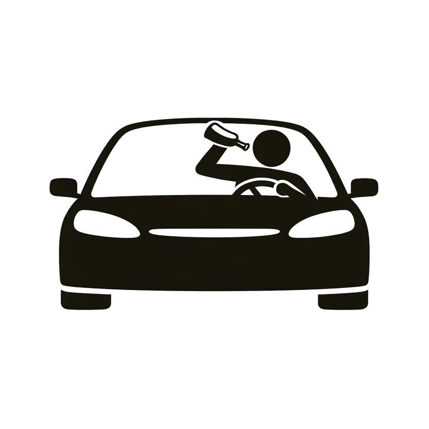 Black silhouette of a person drinking while driving a car, symbolizing distracted driving