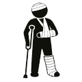 Stick figure with arm and leg in casts, using crutches and a cane