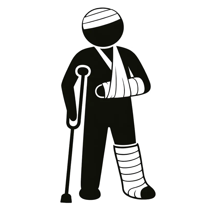 Injured person with arm in sling, leg cast, and crutch, depicted in black and white