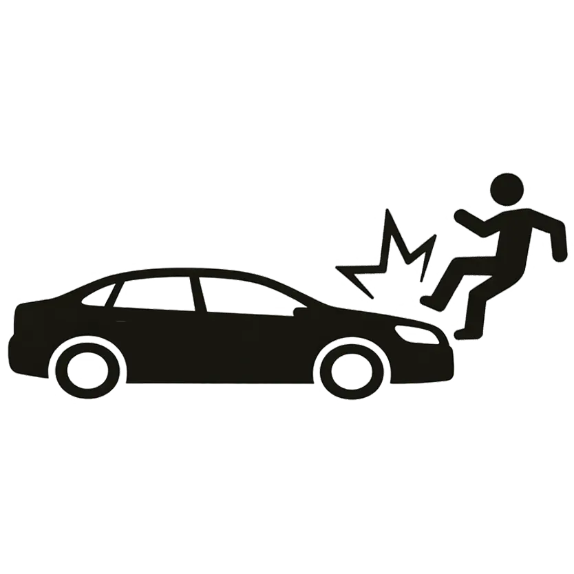 Black car hitting a pedestrian, with impact starburst indicating a car accident