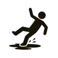 Black falling person icon slipping on a puddle, with one arm raised.