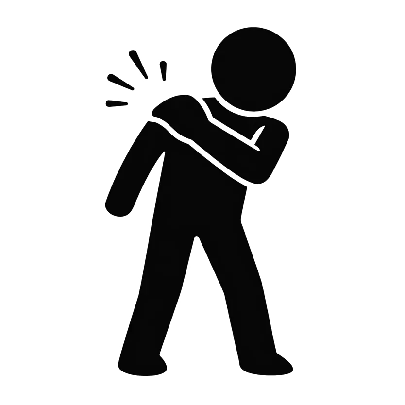 Black stick figure clutching shoulder, with pain lines indicating shoulder injury
