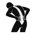 Black silhouette with white spine highlighting lower back pain, hands on hips