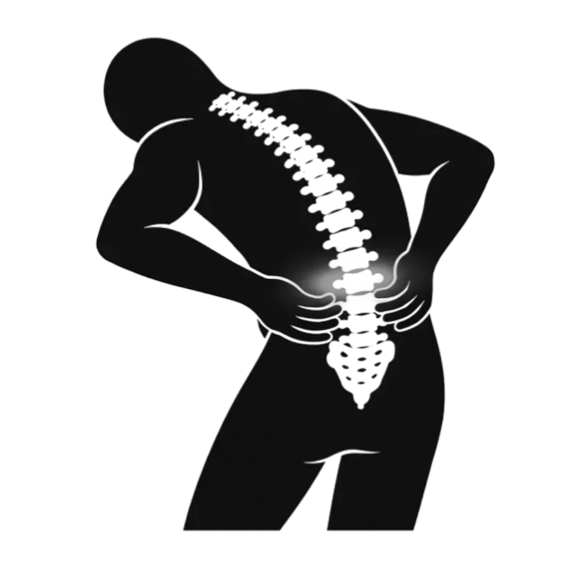 Silhouette of a person holding their lower back, with a white spine highlighted on black background