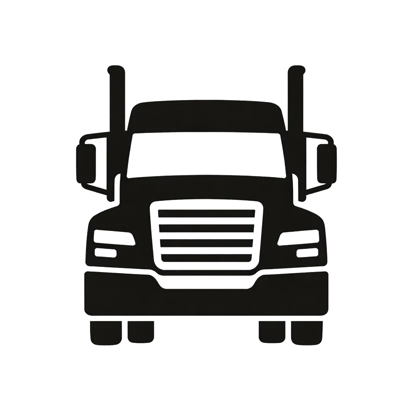 Black silhouette of a semi truck front view on a white background