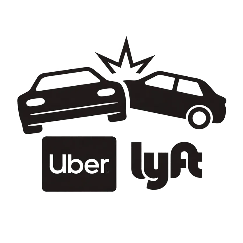Black car crash icon above Uber and Lyft logos in black and white