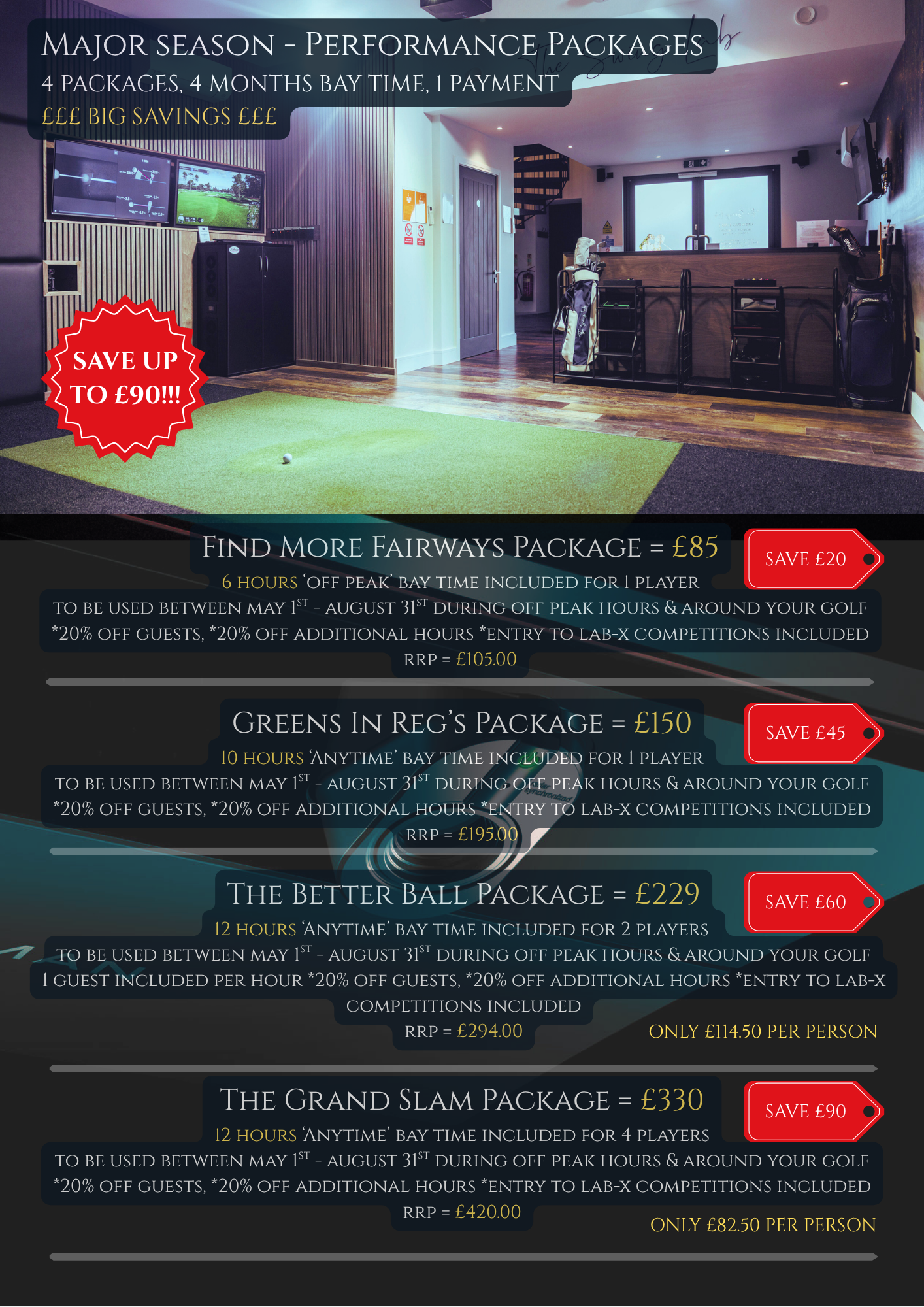 Major Season performance packages at The Swing Lab in Andover promoting summer golf practice passes 