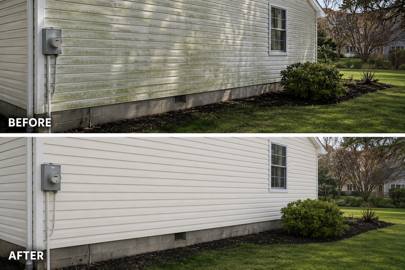 Before-and-after exterior house siding cleaning; dirty gray siding above, bright white siding below.