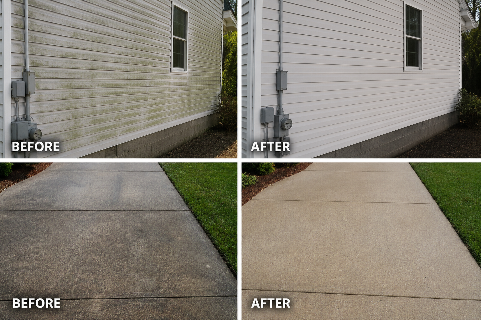 Before-and-after photos of a house exterior and concrete walkway cleaned with pressure washing.