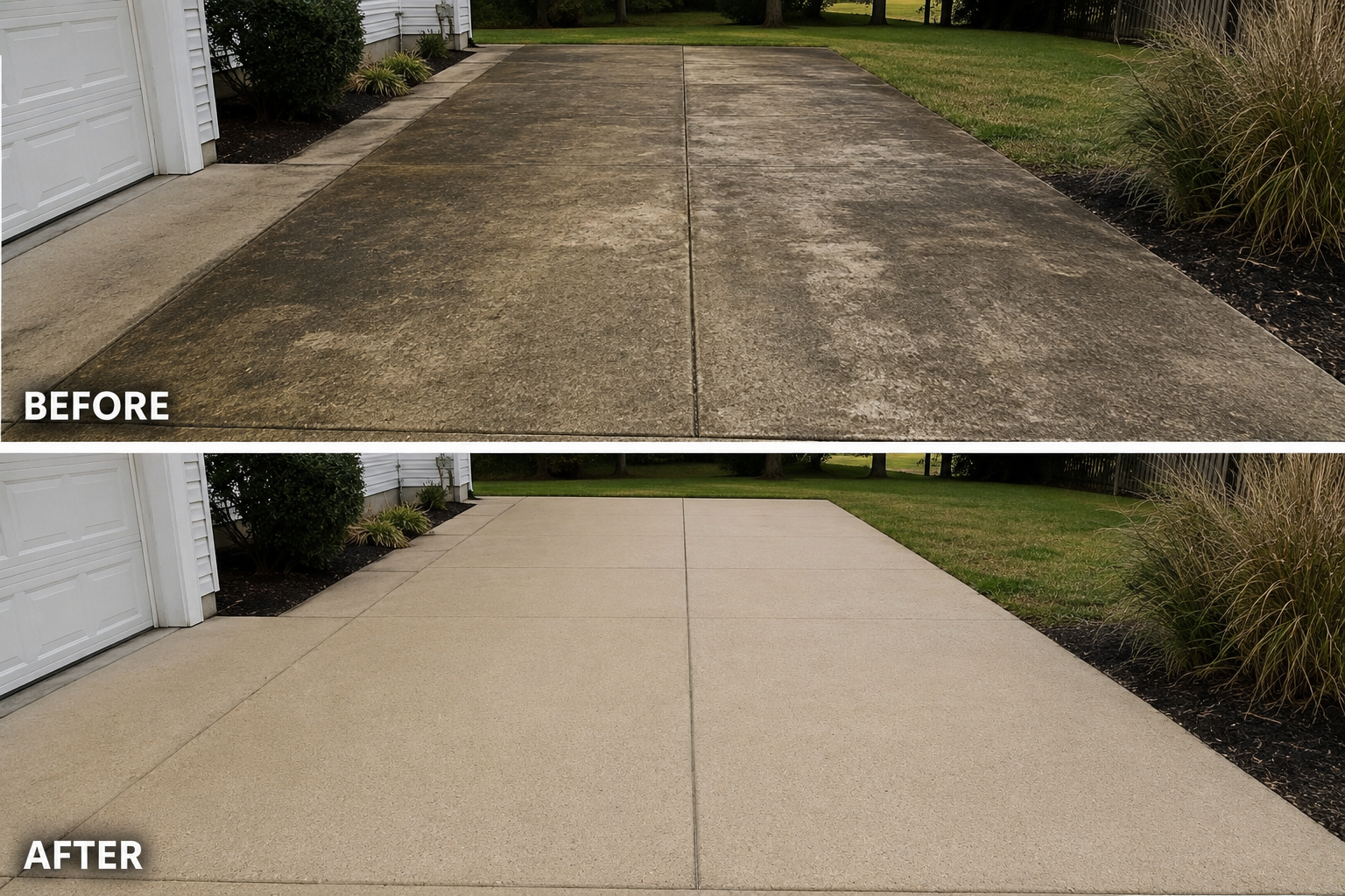 Before-and-after driveway resurfacing, showing a worn concrete driveway replaced with a smooth light tan finish.