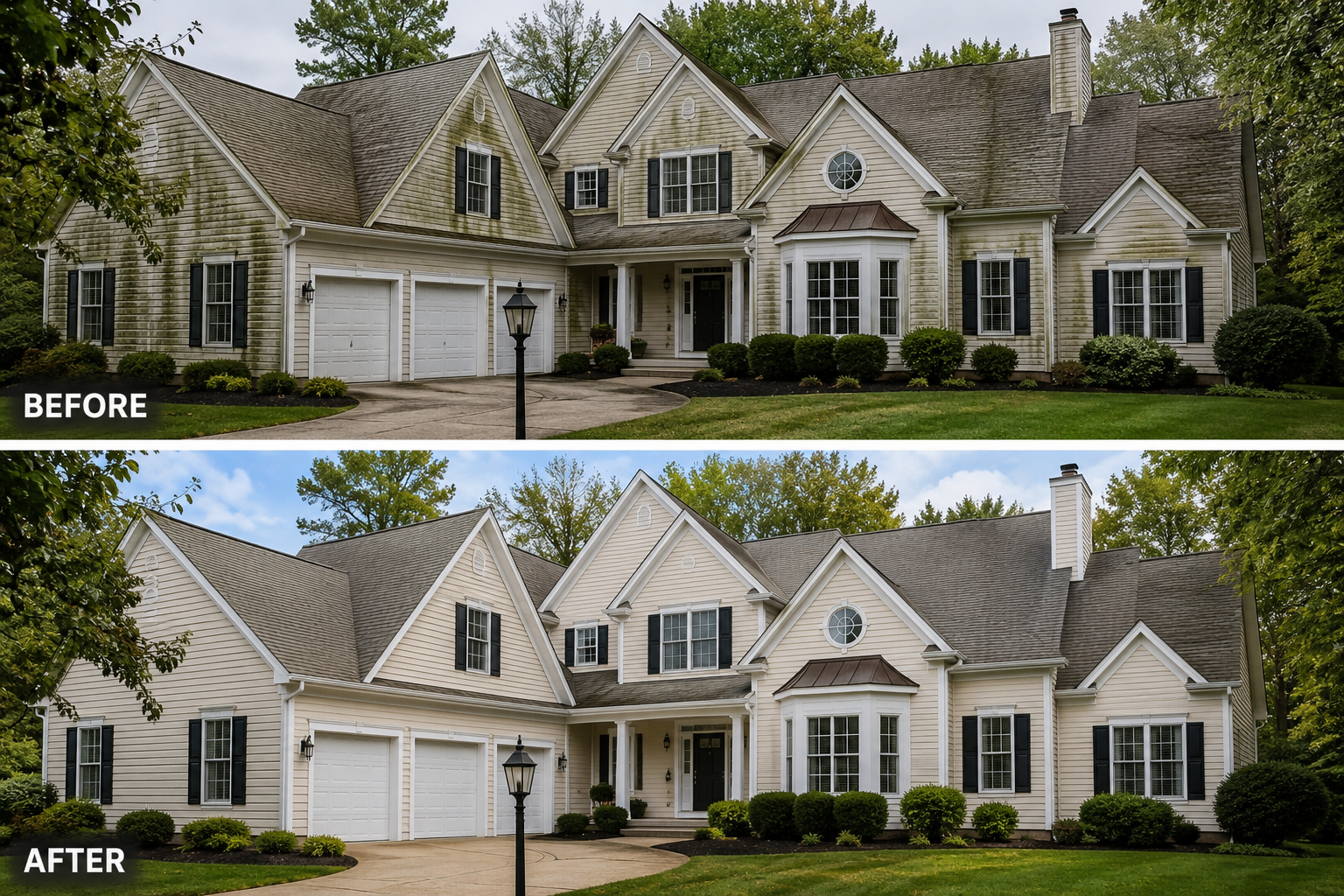 Before-and-after view of a house exterior renovation, showing a darker roof and updated front facade