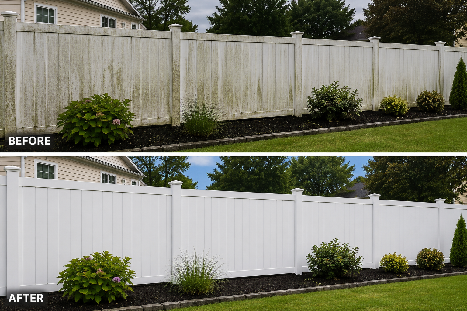 Before-and-after of a white fence cleaned and brightened in a suburban yard.