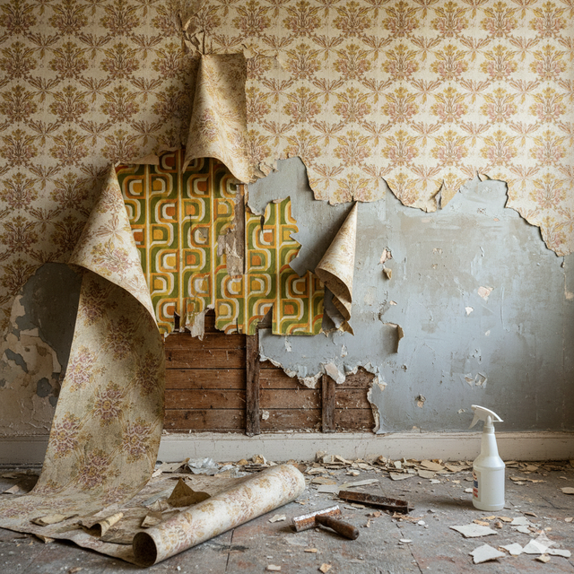 Peeling wallpaper reveals damaged plaster and exposed wall, with debris and a spray bottle on the floor.