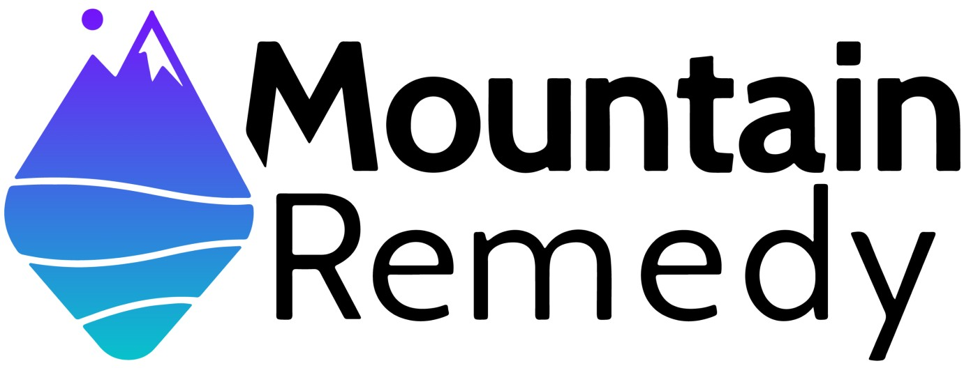 The mountain remedy logo has a mountain and a drop of water on it.