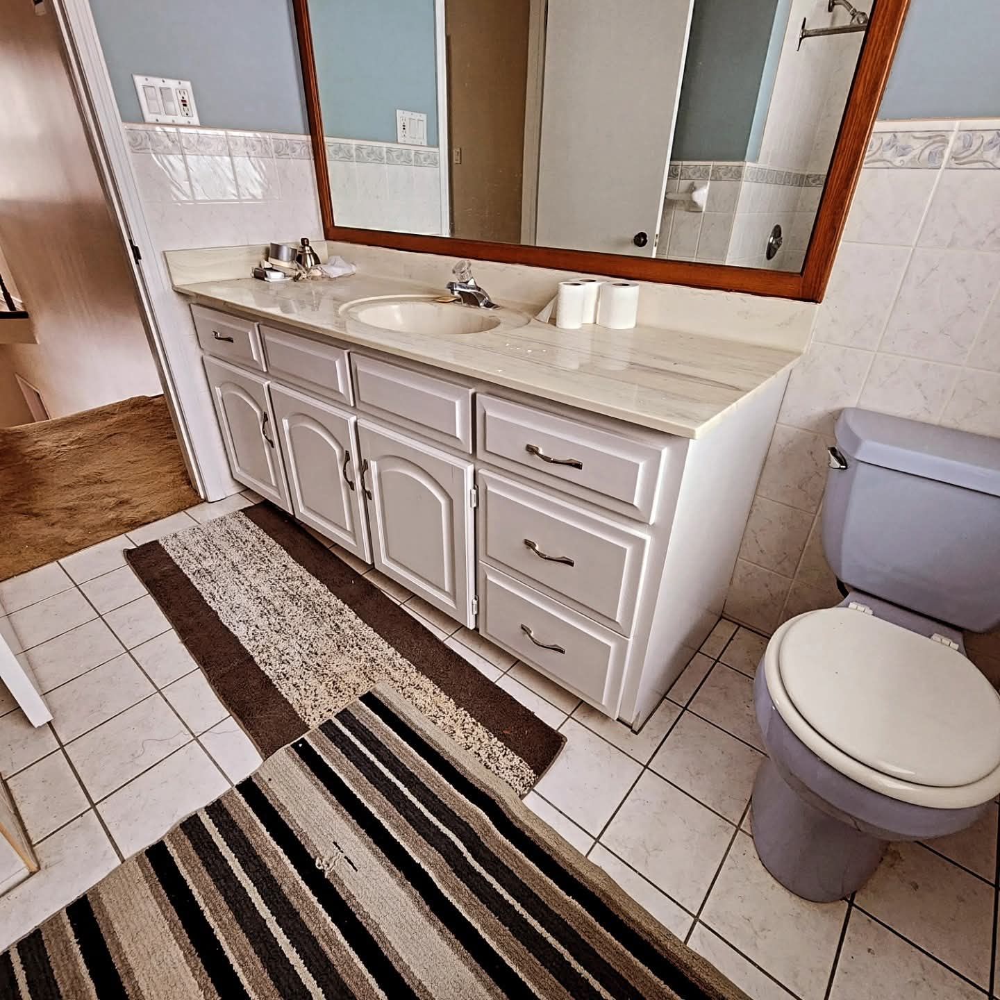 Bathroom with white vanity, toilet, mirror, and two rugs on tile floor.
