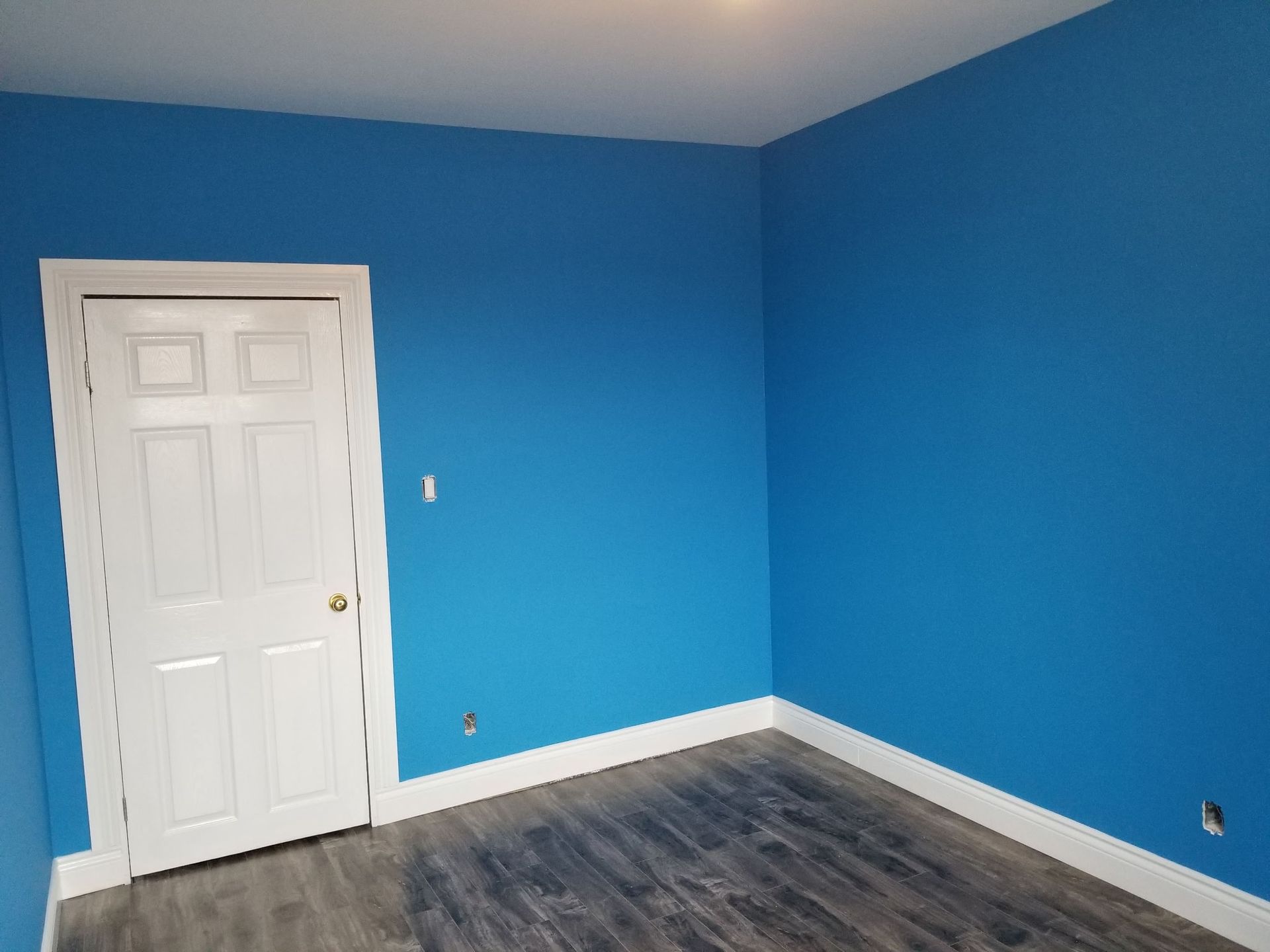 A small room with blue walls, white door and trim, and dark wood-look flooring.