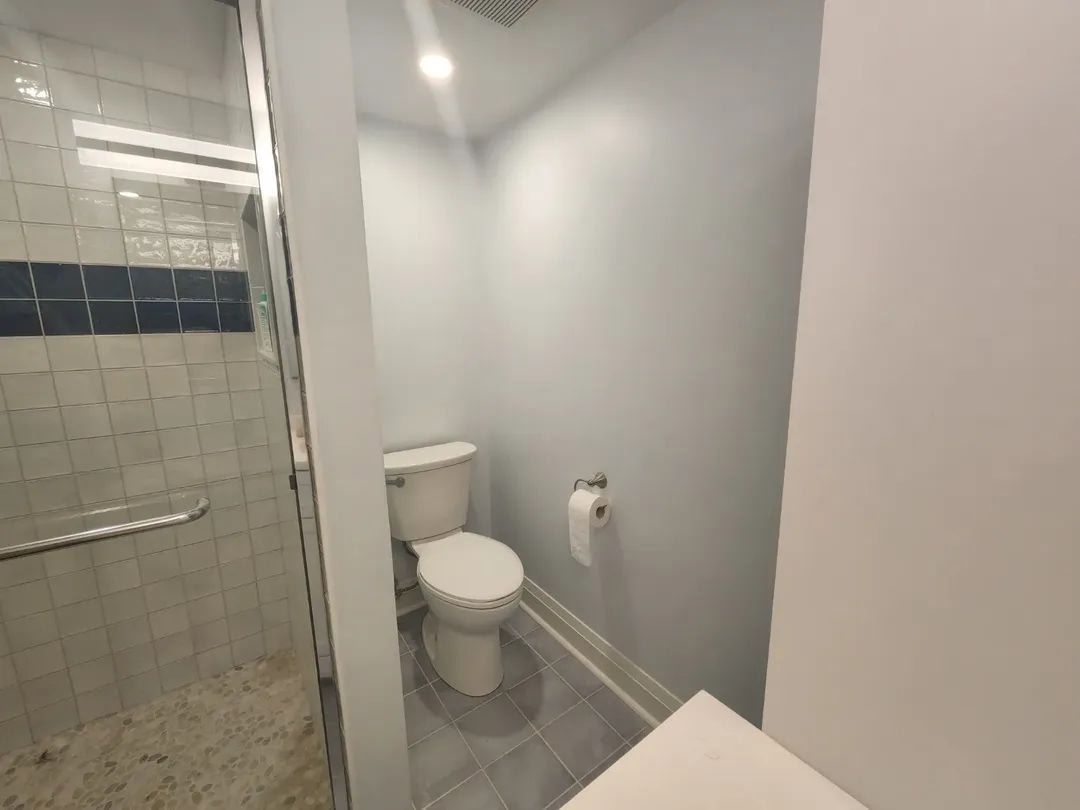 Small bathroom with a toilet and shower visible. Gray walls, white toilet, and gray tiled floor.