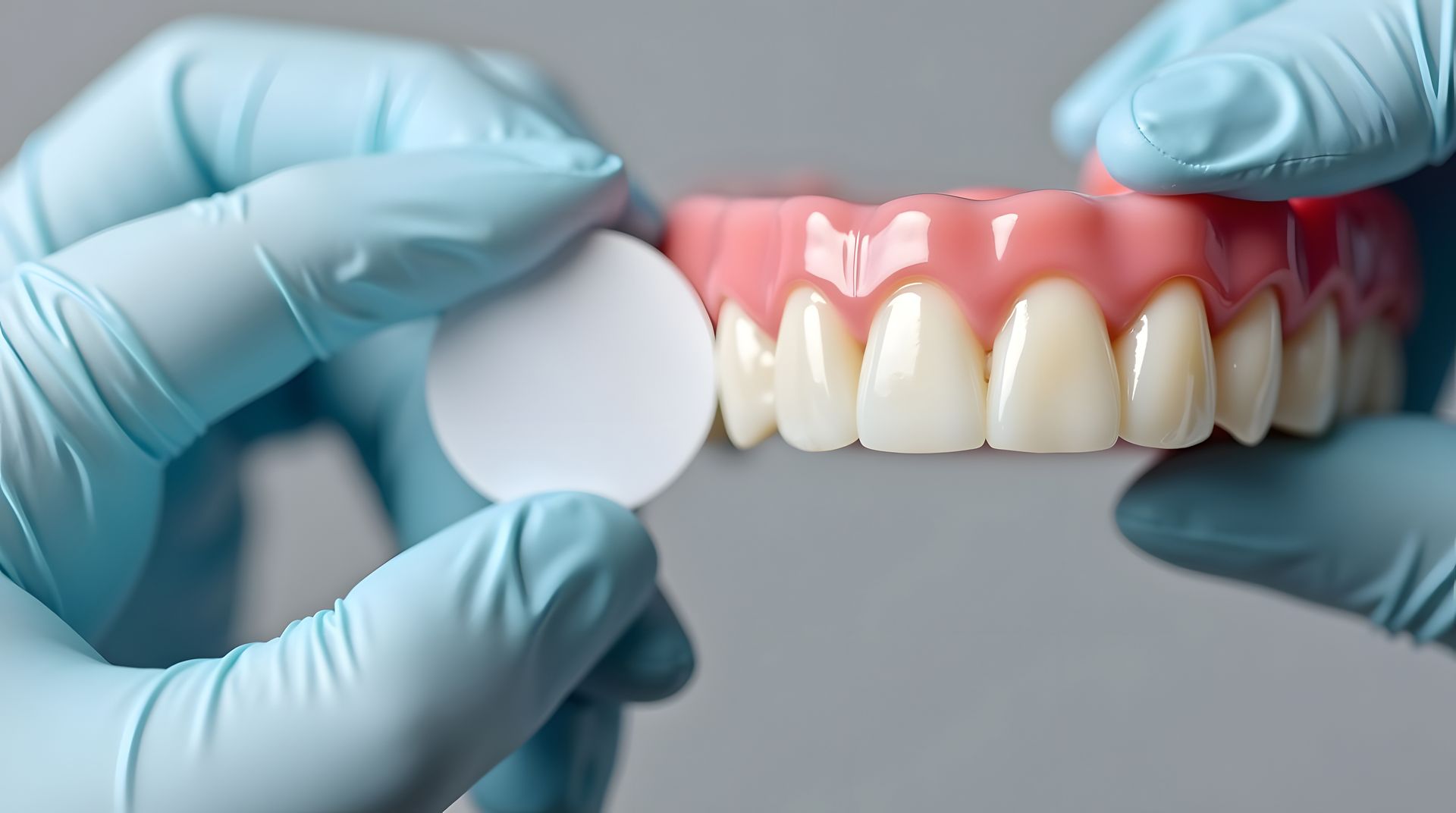 Gloved hands holding a dental prosthetic and a white tooth shade guide disc