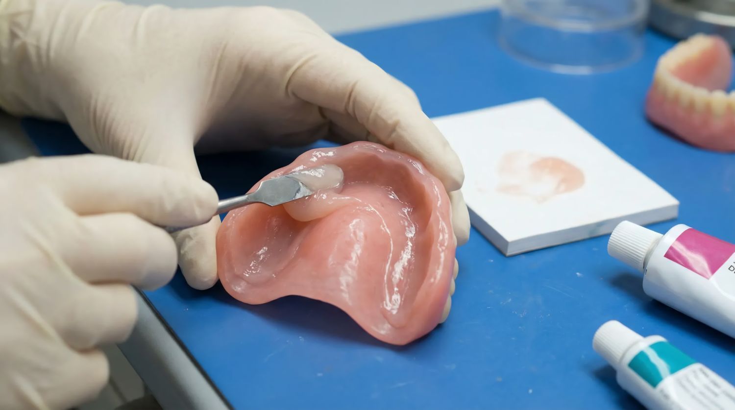 Gloved hands demonstrate a dental impression mold with tools on a blue workbench.