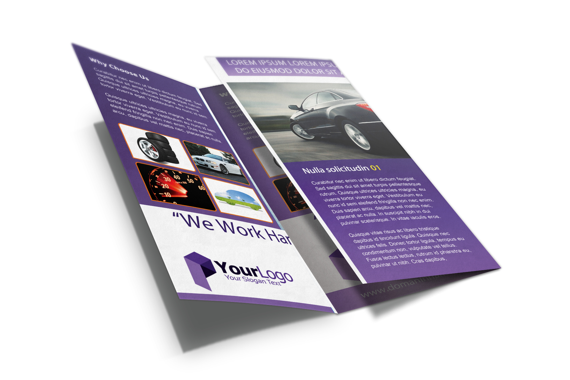 Tríptico morado y blanco que presenta servicios para coches de lujo. Fotos y texto visibles.