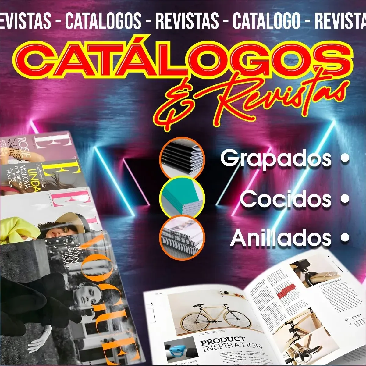 Publicidad para catálogos y revistas con tipos de encuadernación: grapada, cosida y espiral.