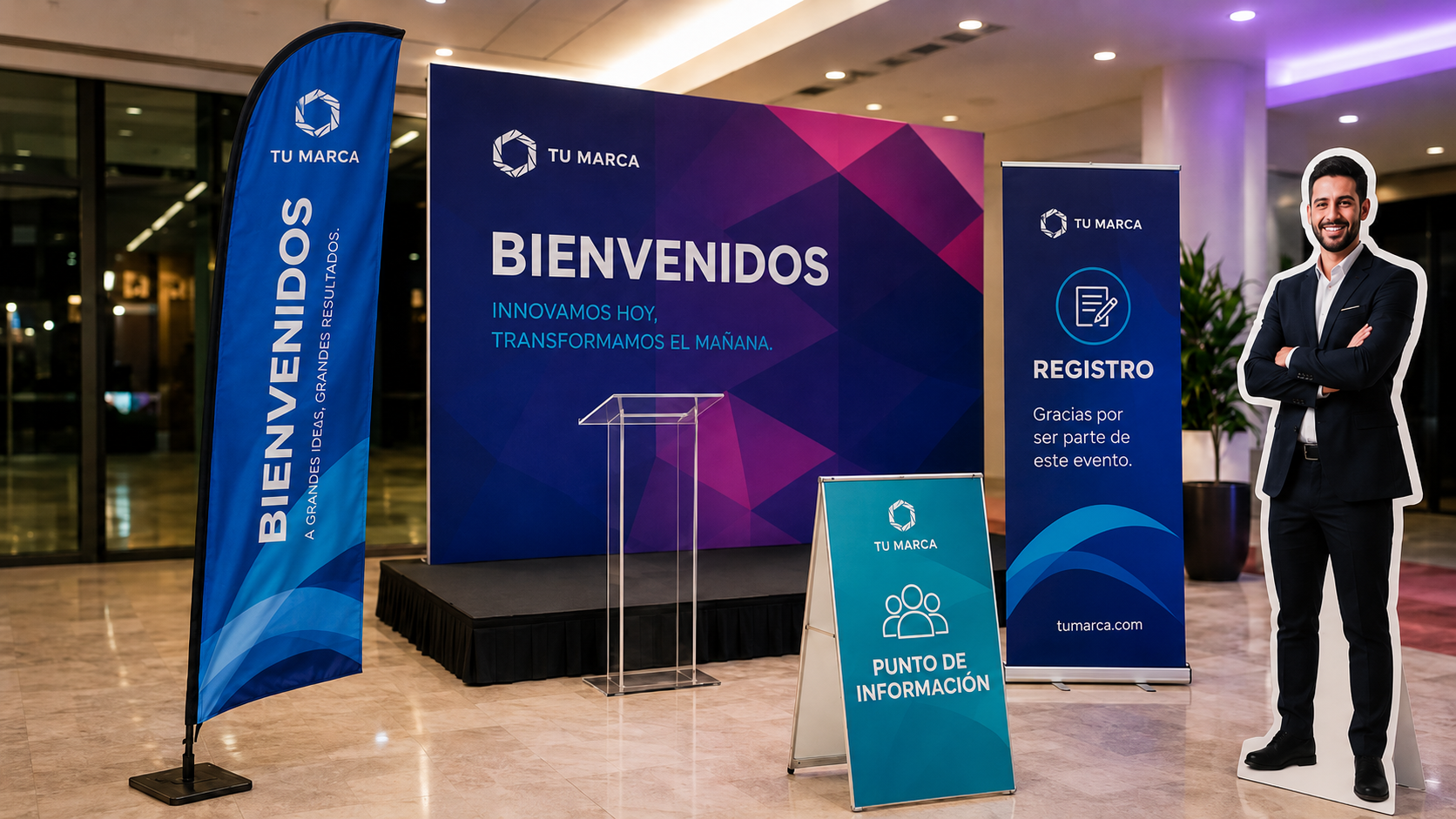 Impresión en gran formato para eventos con backing, pendón, roll up y punto de información