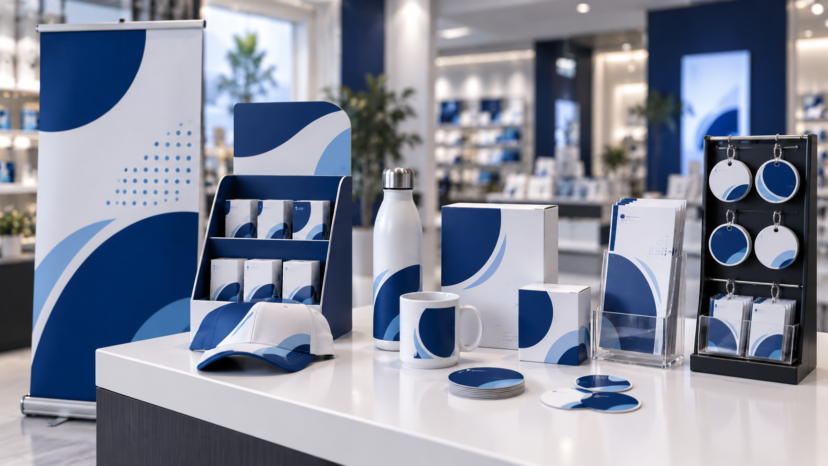 Material POP corporativo personalizado en tonos azul y blanco.