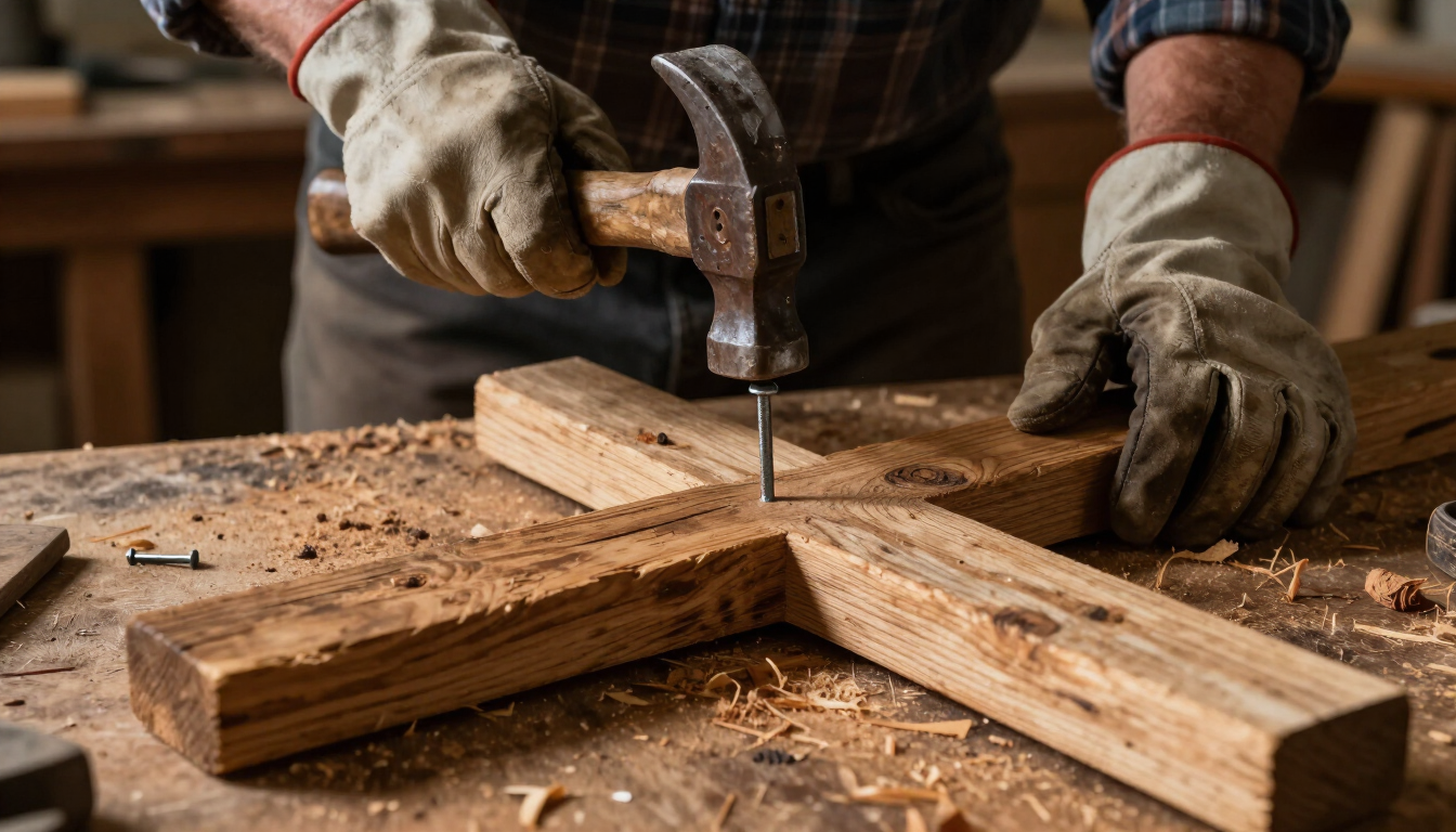 Gloved hands hammer a nail into a wooden cross joint on a workbench.