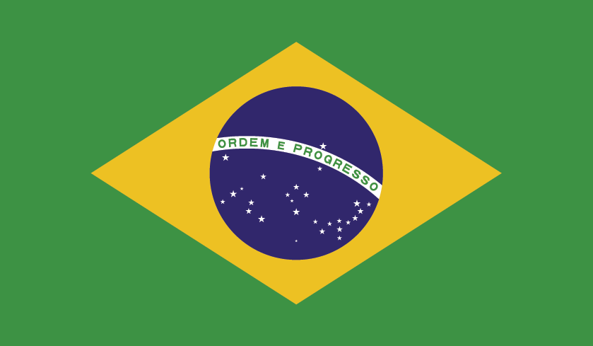 Brazilian flag: green field with yellow diamond and blue globe with white banner and stars