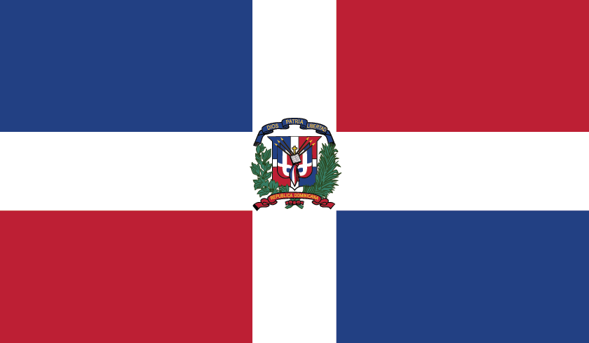 Dominican Republic flag with red, white, and blue cross and central coat of arms