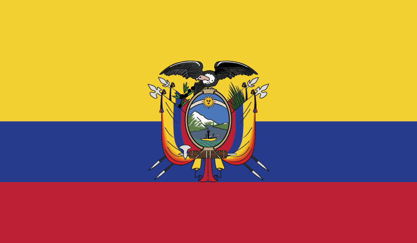 Ecuador flag with yellow, blue, and red horizontal stripes and the national coat of arms centered