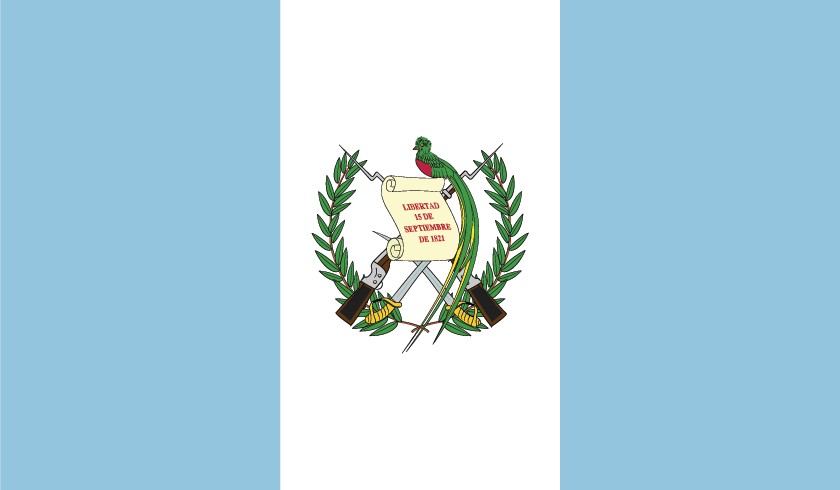 Guatemalan flag with light blue vertical stripes and the national coat of arms centered on white.