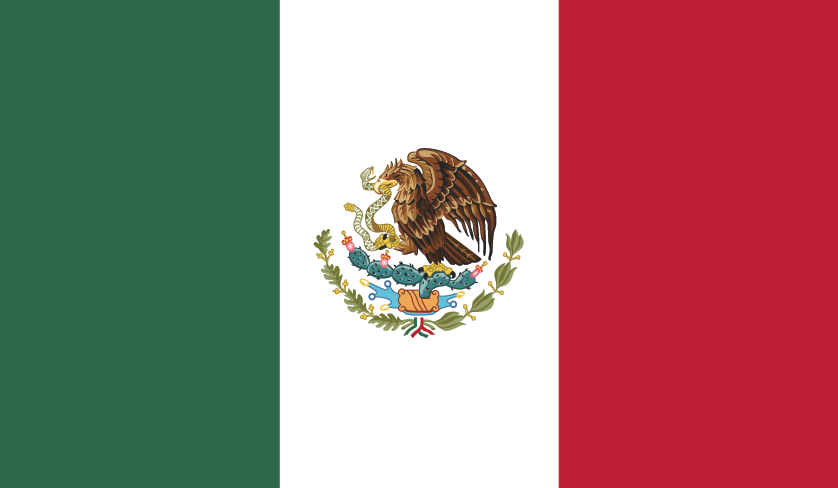 Mexican flag with green, white, and red vertical stripes and the national emblem in the center
