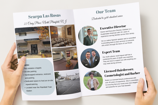 Open brochure for Seara La Rose spa services and team profiles with photos and contact details
