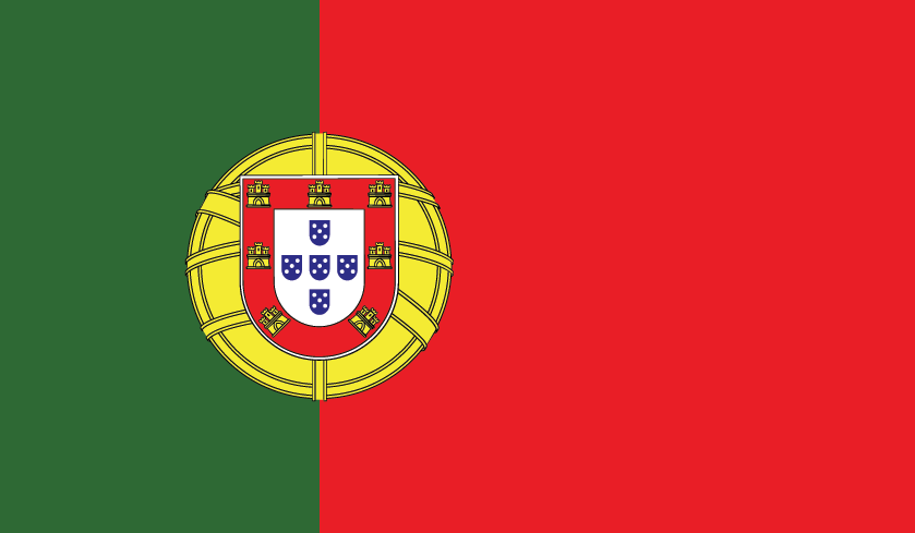 Portuguese flag with green and red vertical halves and the national coat of arms centered over the divide