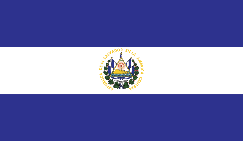 Flag of El Salvador with blue and white horizontal stripes and the national coat of arms centered