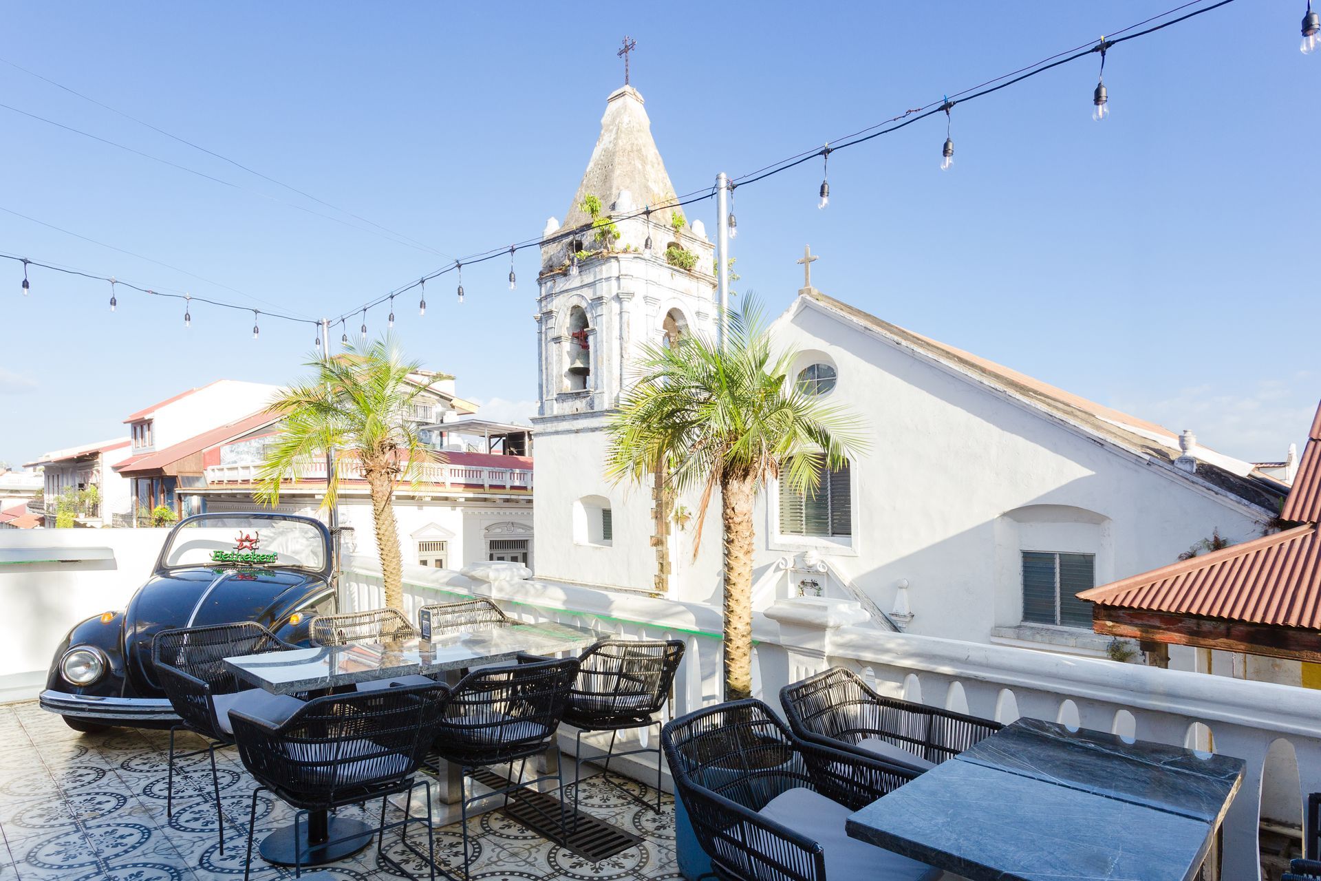 Casco antiguo Panama rooftop bar and lounge infront of a church building